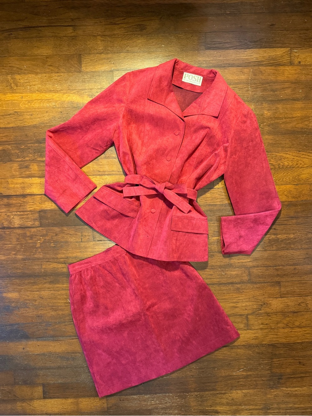 Vintage 80s Suede Two-Piece Magenta Skirt Set